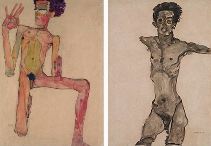 egon-schiele-kneeling-nude-with-raised-hands-1910-left-nude-self-portrait-in-grey-with-open-mouth-1910-right
